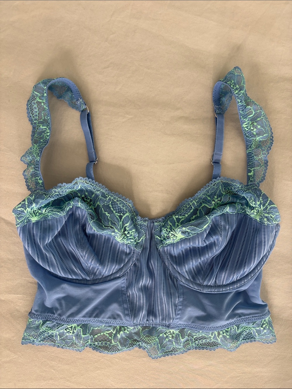 Auden Blue Longline Bra with Green Lace Trim - Picture 6 of 6